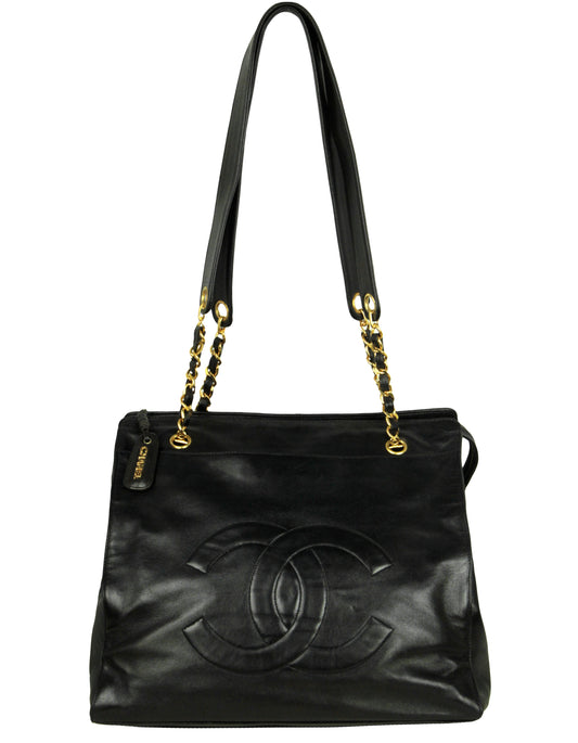 Chanel Black Vintage Lambskin Leather CC Logo Tote Bag
