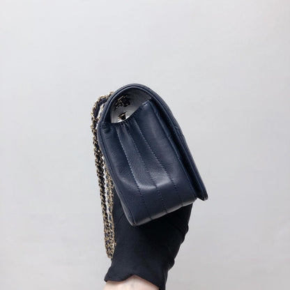 Calfskin Chevron Quilted Mini Statement Flap Navy Blue