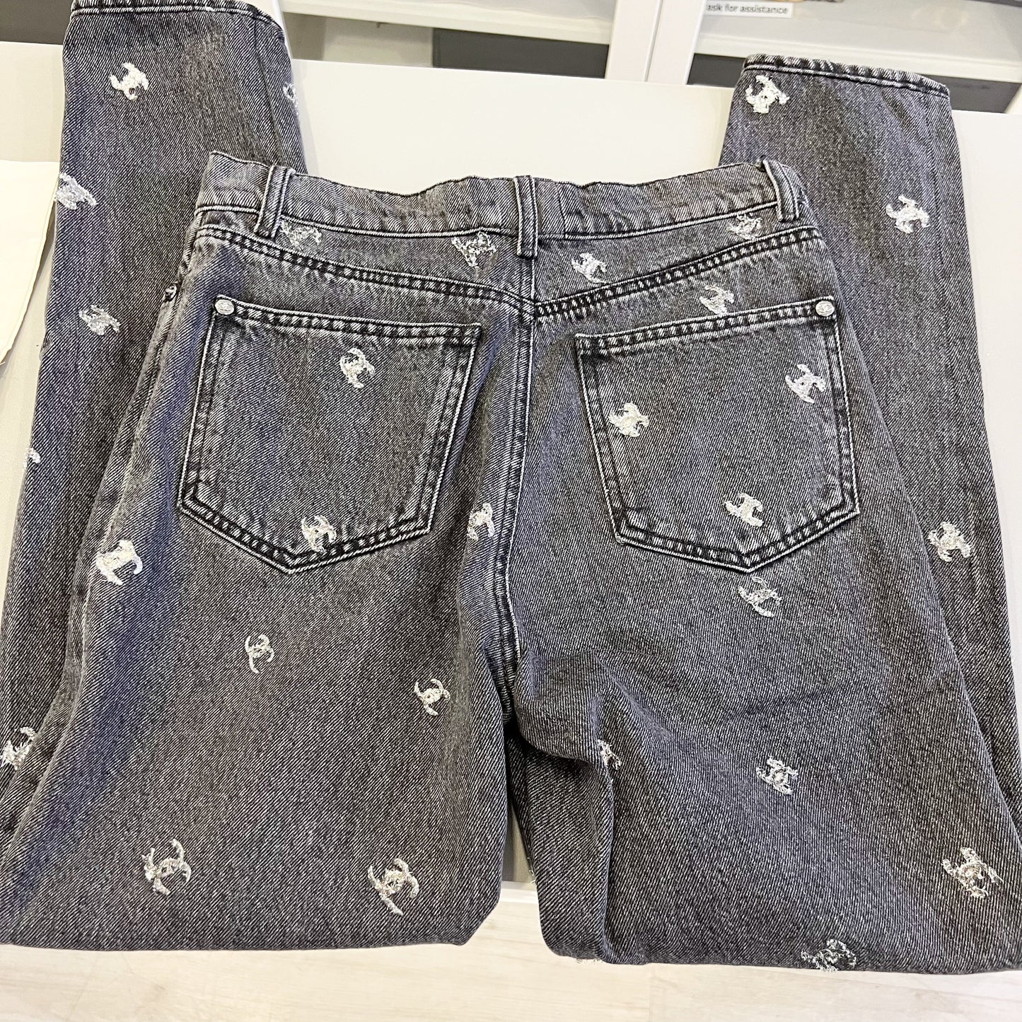 Chanel Black Denim Jeans with Silver Embroidered CC Logo Size 38