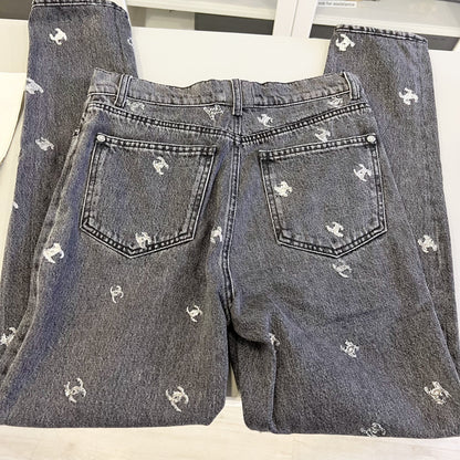 Chanel Black Denim Jeans with Silver Embroidered CC Logo Size 38