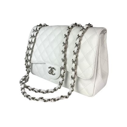 Classic Single Flap Jumbo Bag in White Caviar with SHW