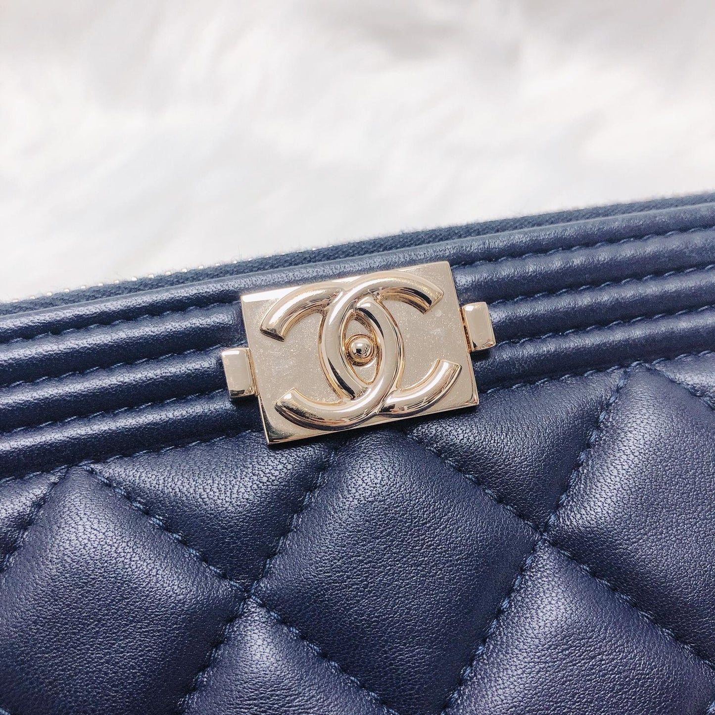 Lambskin O Case Quilted Navy Blue Large Boy Zip Pouch