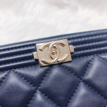 Lambskin O Case Quilted Navy Blue Large Boy Zip Pouch