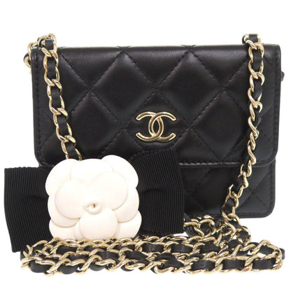 CHANEL Shoulder Bag lambskin black Matelasse Camellia COCO Mark Ribbon