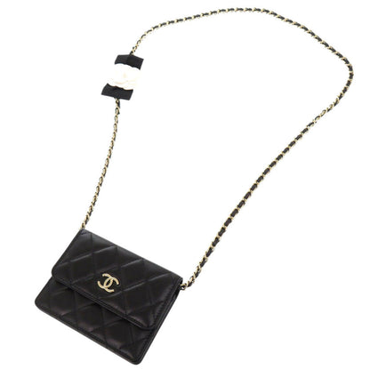 CHANEL Shoulder Bag lambskin black Matelasse Camellia COCO Mark Ribbon