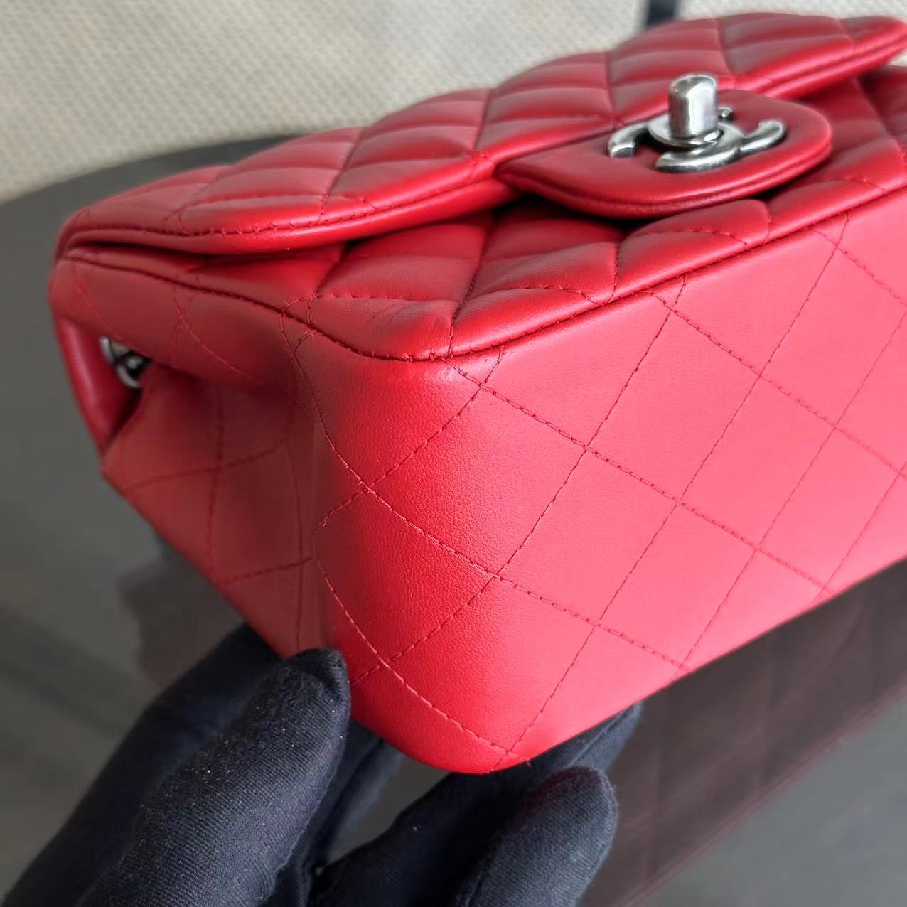 Mini Square Classic Flap Quilted Lambskin Red RSHW No 20