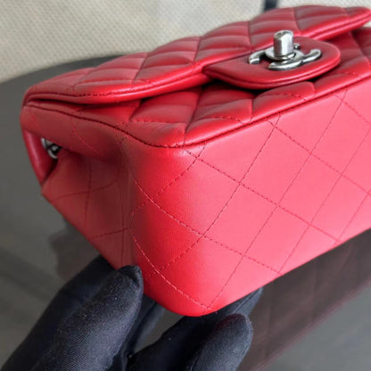 Mini Square Classic Flap Quilted Lambskin Red RSHW No 20