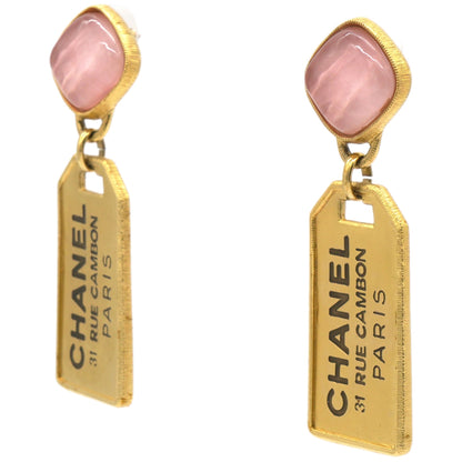 Pink Stone Badget CC Tags Drop Earrings Gold