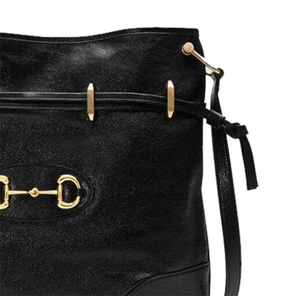 (WMNS) Gucci Horsebit 1955 Retro Gold buckle Leather Drawstring Shoulder Messenger Bag Black 602089-1IV0G-1000