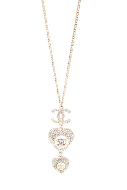 Chanel 2022 Crystal Heart Pendant Long Gold Necklace