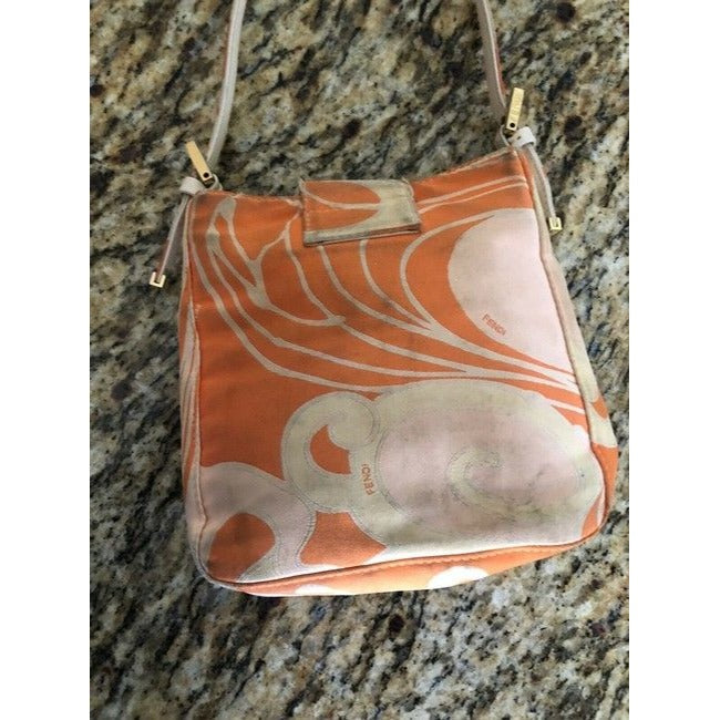 Vintage, Limited Edition, Fendi  abstract orange & pink print silk & leather double flap top baguette