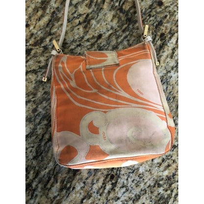 Vintage, Limited Edition, Fendi  abstract orange & pink print silk & leather double flap top baguette