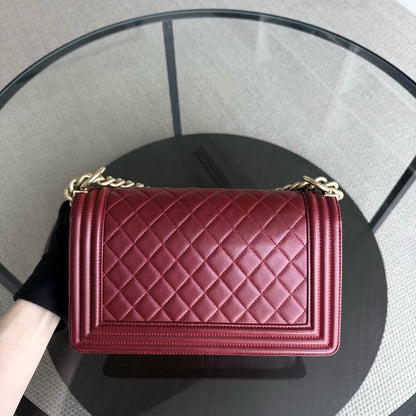 Chanel Boy Medium - 25CM Quilted Lambskin Red Gold Hardware Series 24