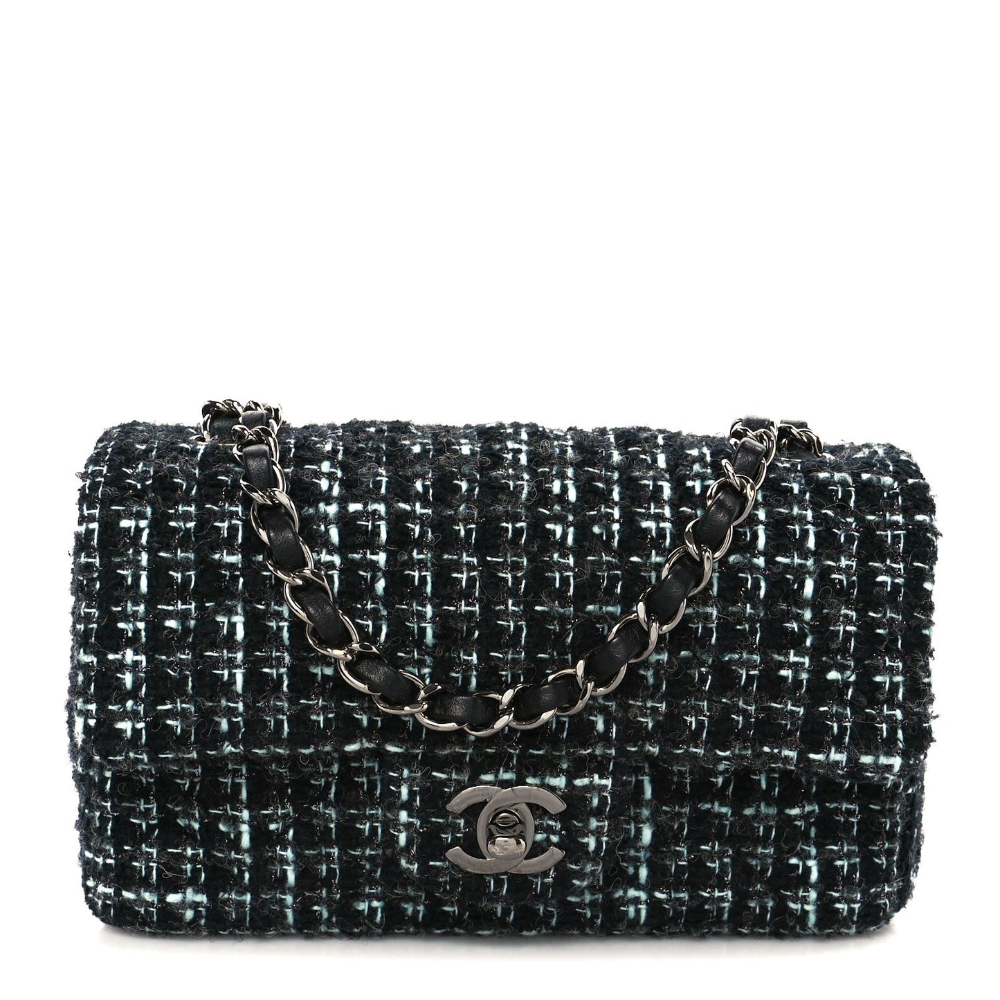 Tweed Quilted Mini Rectangular Flap Black Turquoise