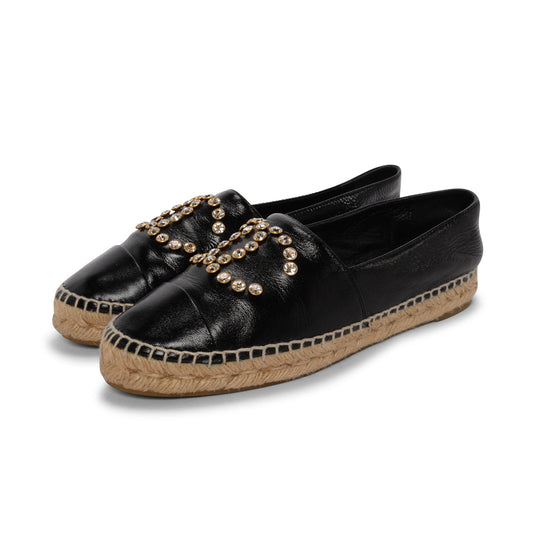 Chanel Black Lambskin Crystal CC Espadrilles 38