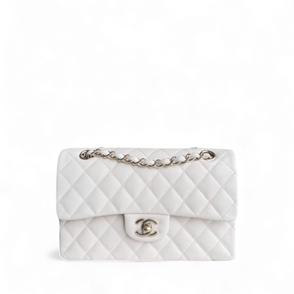 Chanel Classic Flap Small - Caviar 23CM Quilted Grained Calfskin White Light Gold Hardware Microchipped