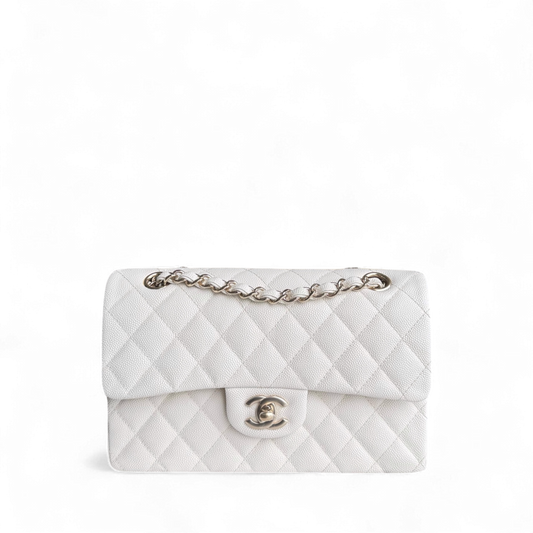 Chanel Classic Flap Small - Caviar 23CM Quilted Grained Calfskin White Light Gold Hardware Microchipped