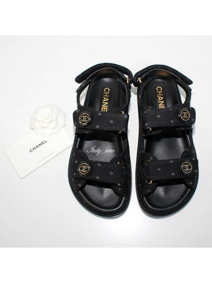 Printed Denim VelcroSandals Black Chanel