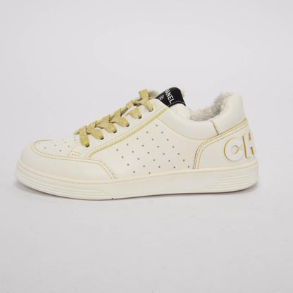 Chanel White & Yellow Calfskin Logo Sneakers 37.5