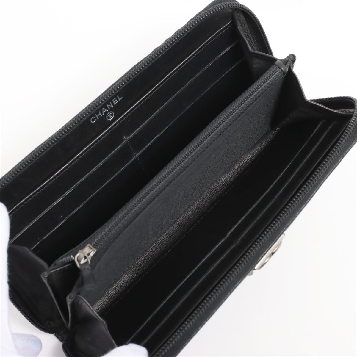 Chanel Boy Chanel Caviar S Round  Wallet Black Silver Gold