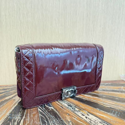 Chanel Medium Patent Reverso Boy Bag - Burgundy Shoulder Bags, Handbags