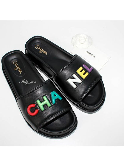 Logo Leather Slippers Black Chanel