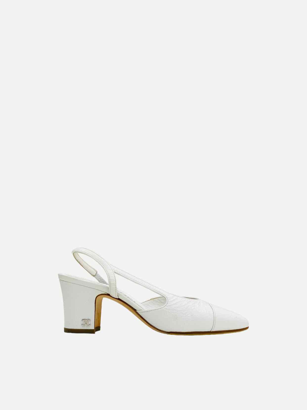 CHANEL White Cap Toe Slingbacks