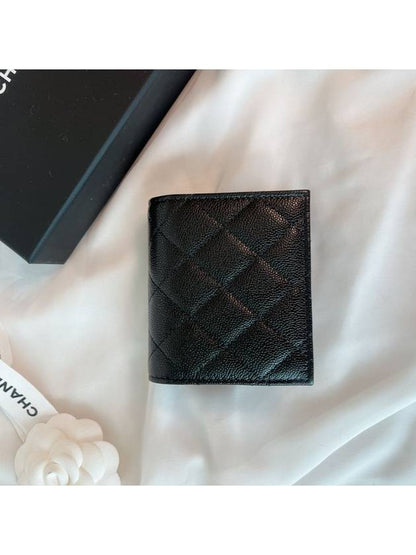 Classic Gold Hardware CC Logo Grained Calfskin Half Wallet Black Chanel