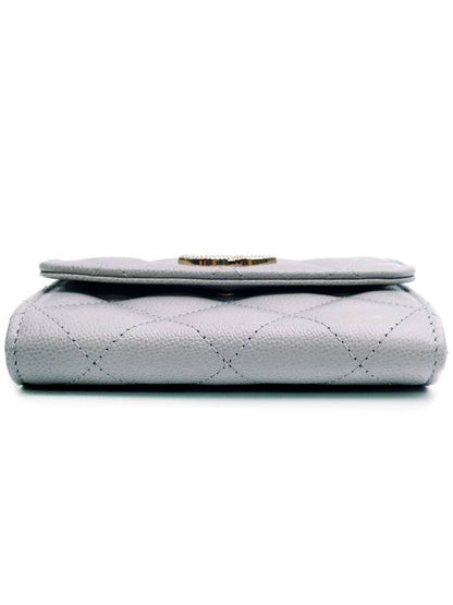 CC Logo Flap Caviar Leather Card Wallet Light Grey Chanel