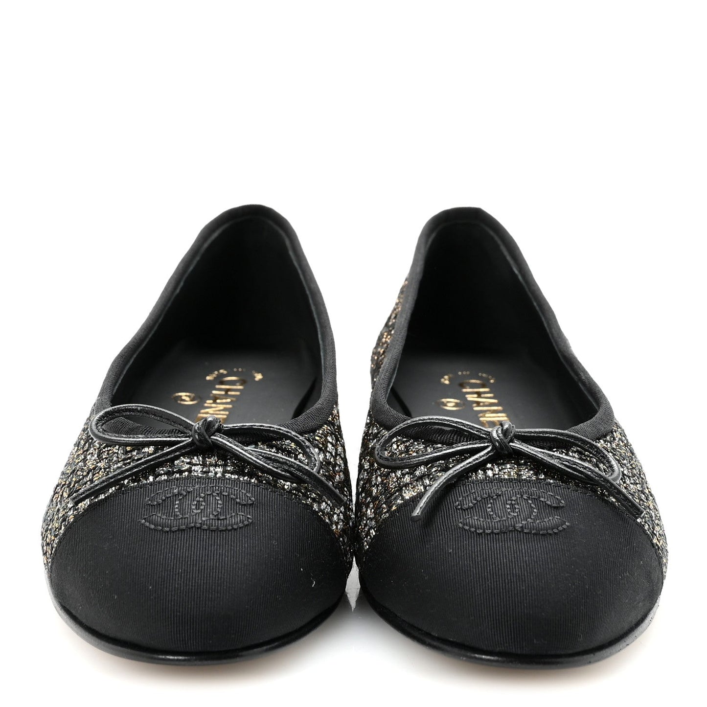 Tweed Grosgrain Cap Toe Ballerina Flats 39 Gold Black