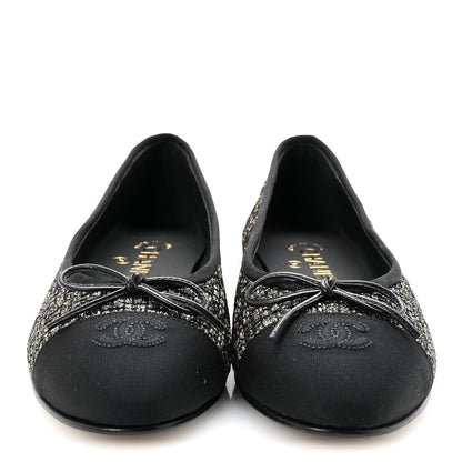 Tweed Grosgrain Cap Toe Ballerina Flats 39 Gold Black