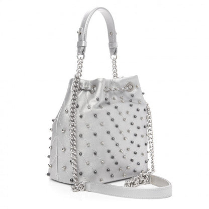 Chanel Metallic Lambskin Studded Chevron Quilted Small Stud Wars Drawstring Bag- Silver