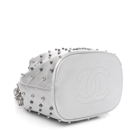 Chanel Metallic Lambskin Studded Chevron Quilted Small Stud Wars Drawstring Bag- Silver
