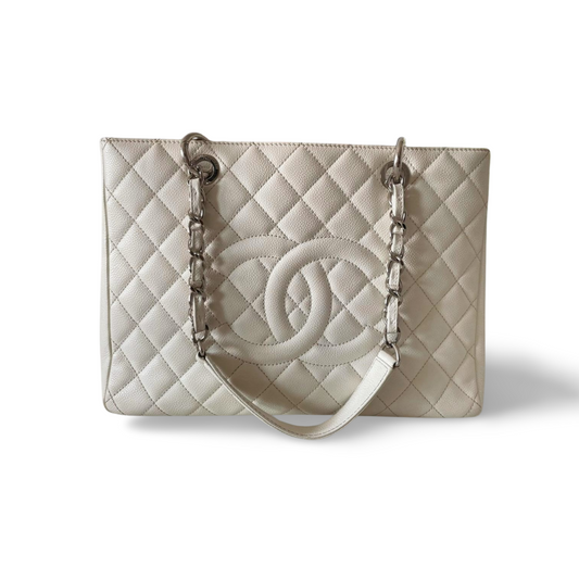 Chanel Medium White Grand Shopping Tote bag in Caviar Leather with silver Hardware