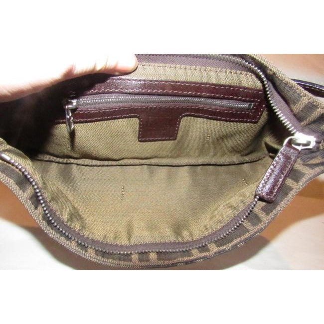 Fendi Zucco Print In Brown Canvas & Leather Baguette Style Shoulder/Cross Body Bag