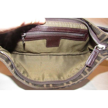 Fendi Zucco Print In Brown Canvas & Leather Baguette Style Shoulder/Cross Body Bag
