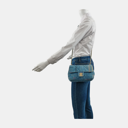 Chanel Classic Flap Mini Rectangular Blue Denim Jeans Gold Hardware Microchip