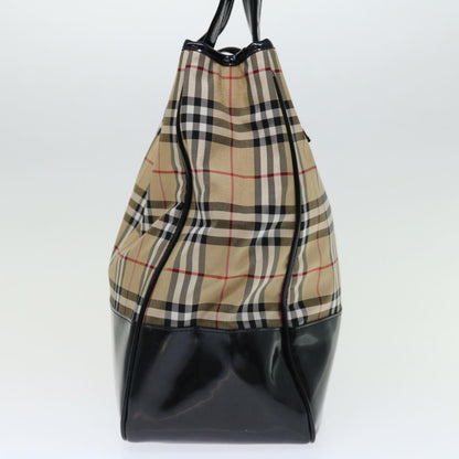 BurberrySs Nova Check Blue Label Tote Bag Canvas Beige Black Auth 71014