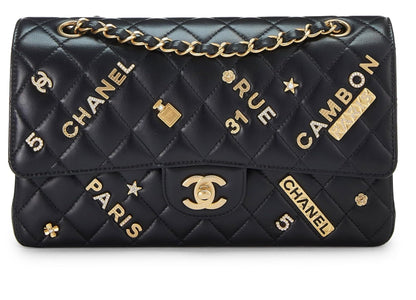 Chanel,  Black Lambskin Lucky Charm Double Flap Medium, Black