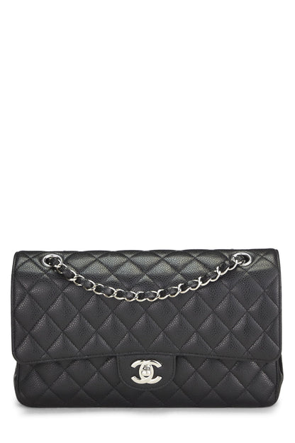 Chanel,  Black Quilted Caviar Classic Double Flap Medium, Black
