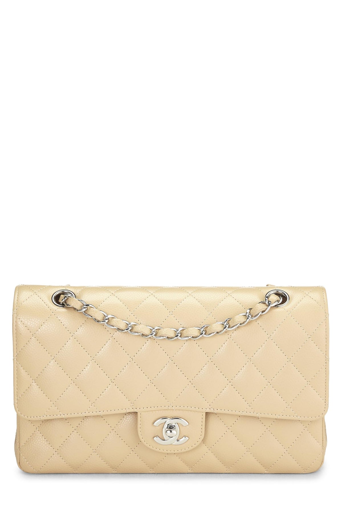 Chanel,  Beige Quilted Caviar Classic Double Flap Medium, Beige