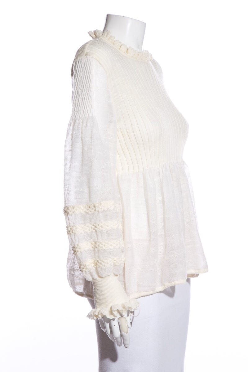 Chanel Ivory Lace Pattern Sleeves Ribbed Blouse SZ 42