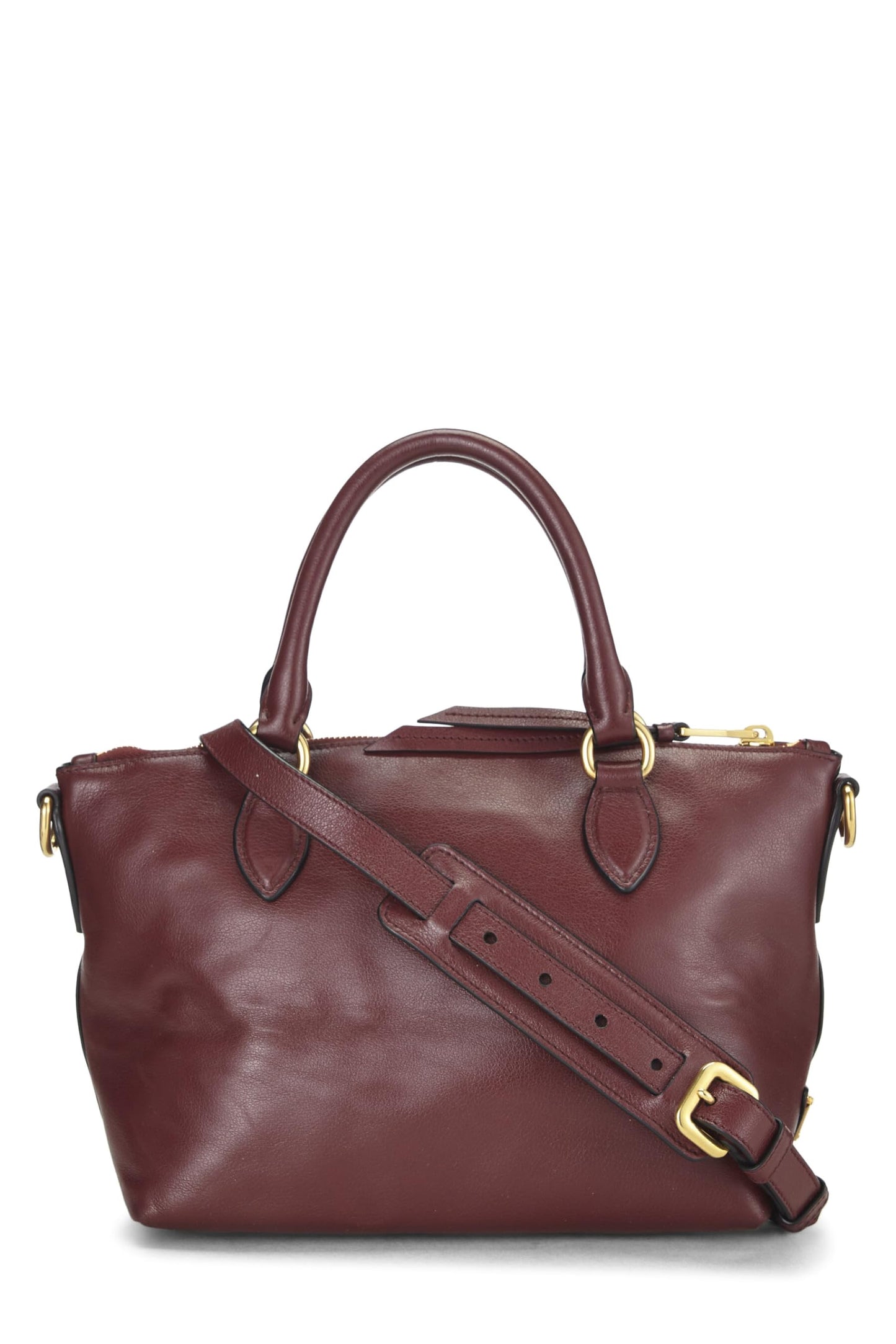Prada,  Burgundy Calfskin Logo Embossed Convertible Handbag, Burgundy