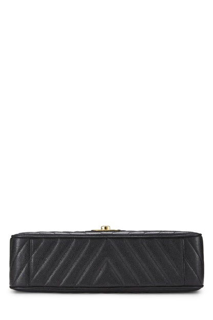 Chanel,  Black Chevron Caviar Half Flap Maxi, Black