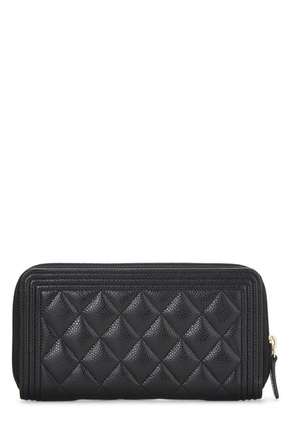 Chanel,  Black Quilted Caviar Boy Zip Around Wallet, Black