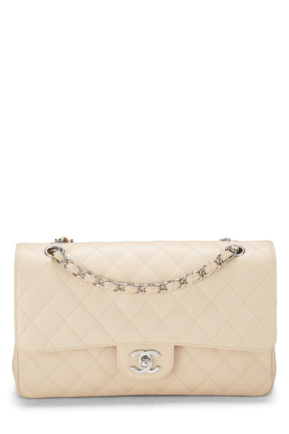 Chanel,  Beige Quilted Caviar Classic Double Flap Medium, Beige