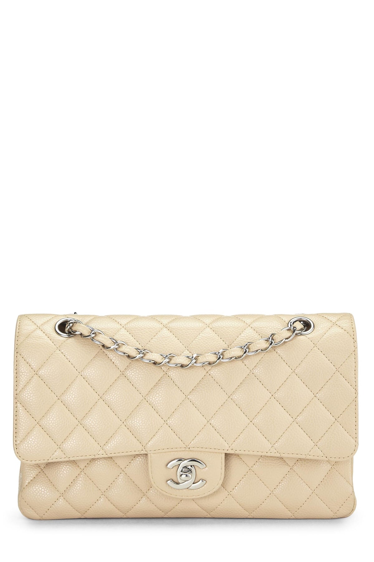 Chanel,  Beige Quilted Caviar Classic Double Flap Medium, Beige