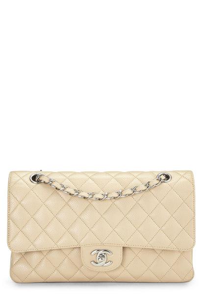 Chanel,  Beige Quilted Caviar Classic Double Flap Medium, Beige