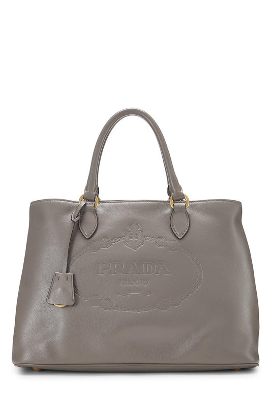 Prada,  Grey Calfskin Logo Side Snap Tote Medium, Grey