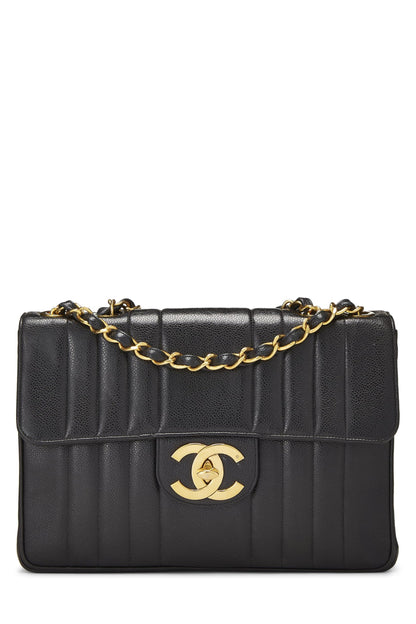 Chanel,  Black Caviar Vertical Half Flap Jumbo, Black
